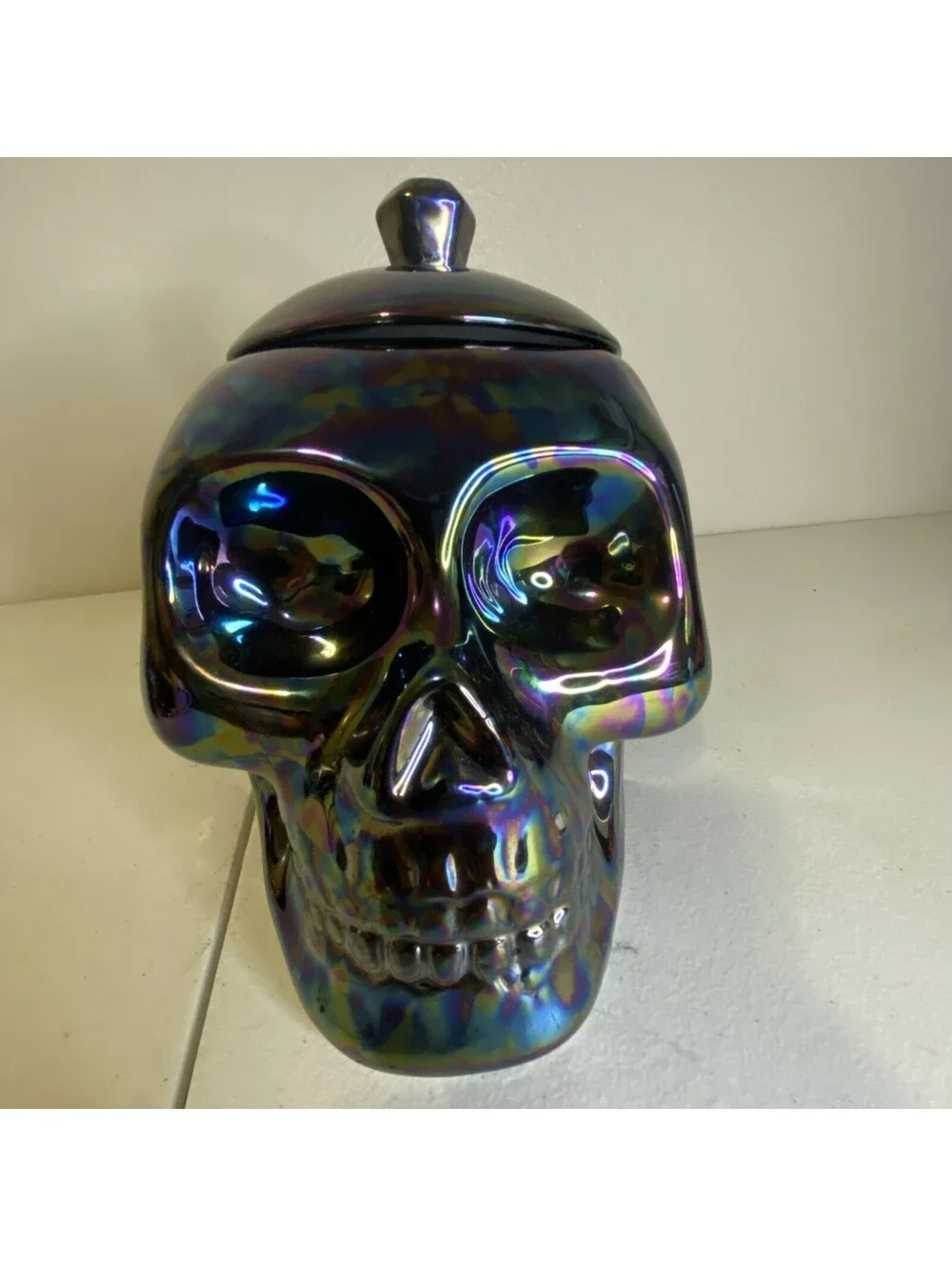 Day of the Dead Black Iridescent Oil Slick Ceramic Skull Head Real Size Jar